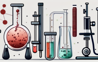 A magnified blood sample with thc molecules and various medical tools like a microscope and test tubes