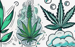 Various cannabis plants with subtle symbols of common side effects such as a cloud symbolizing confusion
