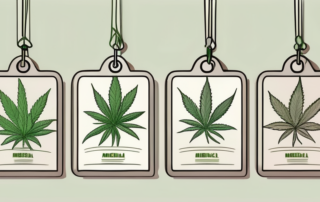 Various types of medical cannabis plants with price tags hanging from them