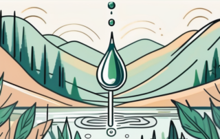 A cbd oil dropper with a few drops falling into a serene landscape