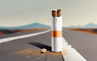 A broken cigarette lying on a road that leads towards a bright