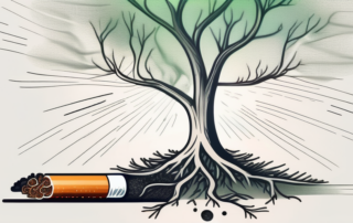 A broken cigarette with smoke forming a path leading to a bright