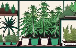 A lush outdoor cannabis garden with various stages of plant growth