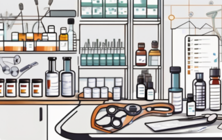 A t-rezept (prescription form) surrounded by various medical tools and pharmaceutical items