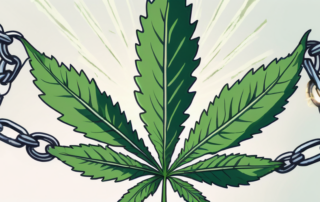 A cannabis leaf entangled in chains