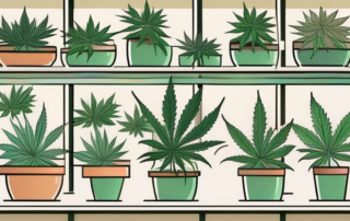 Several different varieties of cannabis flowers displayed on pharmacy shelves