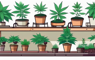 A well-organized indoor cannabis garden with various stages of plant growth