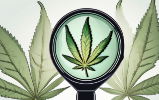 A cannabis leaf with a magnifying glass focusing on it