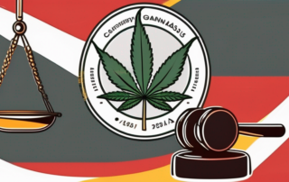 A scale balancing a cannabis leaf and a legal gavel