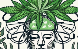 A brain with cannabis leaves intertwined