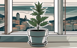 A potted hemp plant sitting on a window sill with the view of a german cityscape in the background