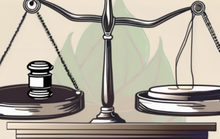 A scale balancing a marijuana leaf on one side and a gavel on the other