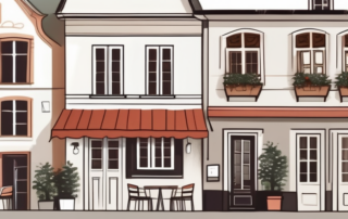 A cozy coffeeshop exterior with a german flag hanging by the door