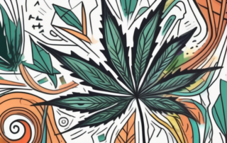 A broken cannabis leaf surrounded by a swirl of chaotic
