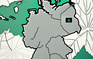 A map of germany with symbolic cannabis leaves scattered across it to represent the distribution of cannabis consumers
