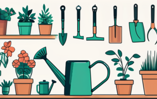 A variety of gardening tools like a shovel