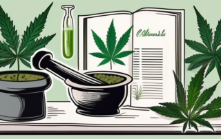 A cannabis plant in a botanical setting with a vintage recipe book and a mortar and pestle nearby