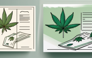 A balanced scale with a cannabis leaf on one side and a legal document on the other