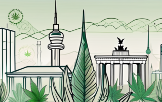 A stylized berlin cityscape with prominent landmarks subtly integrated with cannabis leaves