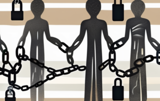 A human silhouette filled with various symbolic chains and locks representing physical dependency