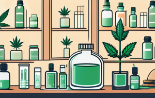 A pharmacy counter with a bottle of cbd oil prominently displayed among various medical paraphernalia