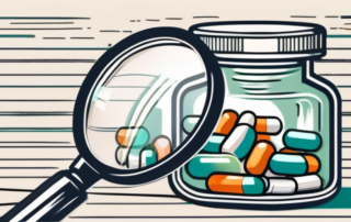A thalidomid pill bottle with a magnifying glass focusing on it