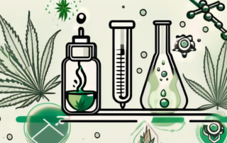 A cannabis oil dropper with a few drops falling into a test tube