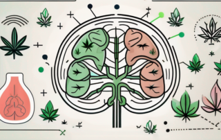 A cannabis leaf in the foreground with various symbols like a brain
