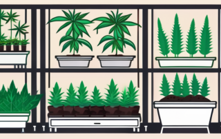 A well-organized indoor cannabis garden with different stages of plant growth