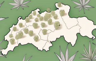 A variety of hemp seeds scattered across a stylized map of austria