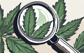A marijuana plant with a magnifying glass focusing on its leaves