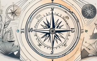 A compass surrounded by various symbolic elements like a broken chain