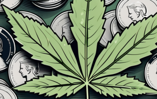 A medical marijuana leaf sitting on a pile of coins