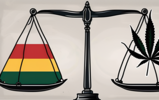 A scale balancing a cannabis leaf and the german flag