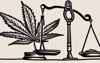 A scale balancing a cannabis leaf and a legal gavel