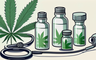 Several cannabis flowers blooming against a backdrop of medical equipment like stethoscopes and pill bottles