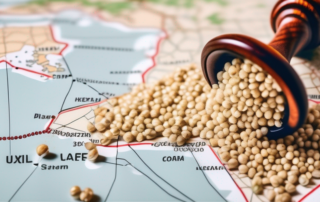 A variety of hemp seeds scattered on a map of austria