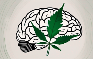 A cannabis leaf entangled with a brain