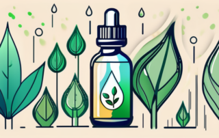 A cbd oil dropper with a few drops falling into a stylized depiction of a healthy