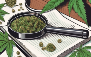 A variety of marijuana seeds scattered on a table with a magnifying glass examining one