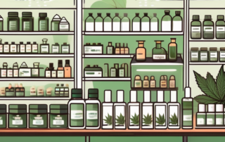 A pharmacy setting with a shelf displaying various cannabis flower products