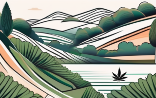 A scenic view of portugal with a cannabis leaf subtly integrated into the landscape