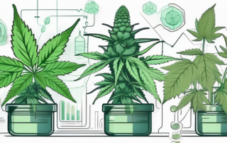 Various cannabis plants with scientific structures of artificial cannabinoids floating above them