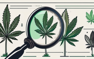 A cannabis plant with a magnifying glass focusing on its buds