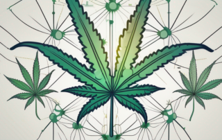 A cannabis leaf with a molecular structure overlay