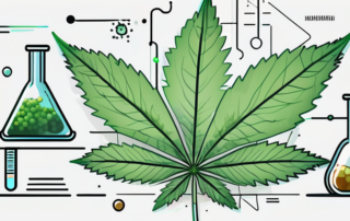 A magnified cannabis leaf with various scientific elements like test tubes