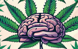 A brain enveloped by cannabis leaves