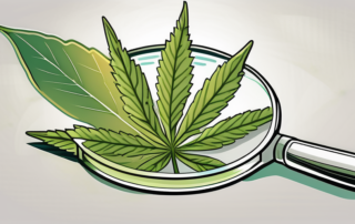 A magnified cannabis leaf juxtaposed with a pharmaceutical pill