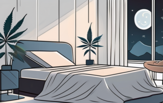 A peaceful bedroom environment with a cannabis plant on the bedside table and moonlight streaming through the window