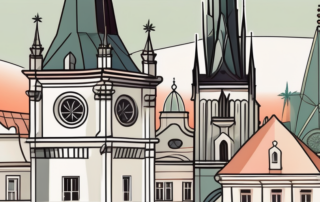 The prague skyline with cannabis leaves subtly integrated into the architectural details